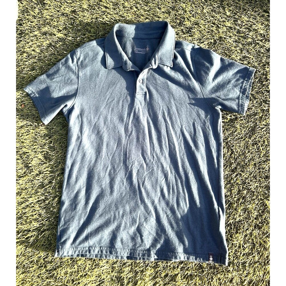 Smartwool Short Sleeve Polo Shirt Mens M Blue Merino Wool Organic Cotton SW00236